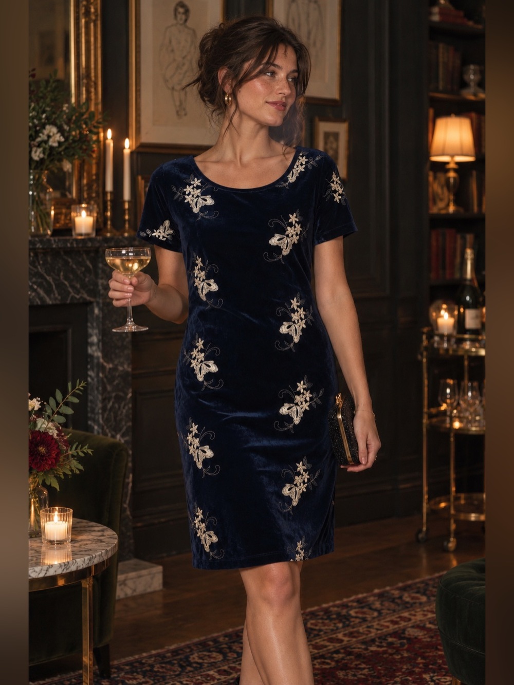 Ronni Nicole Navy Blue Velvet Embroidered Short Sleeve Shift Dress Size 8